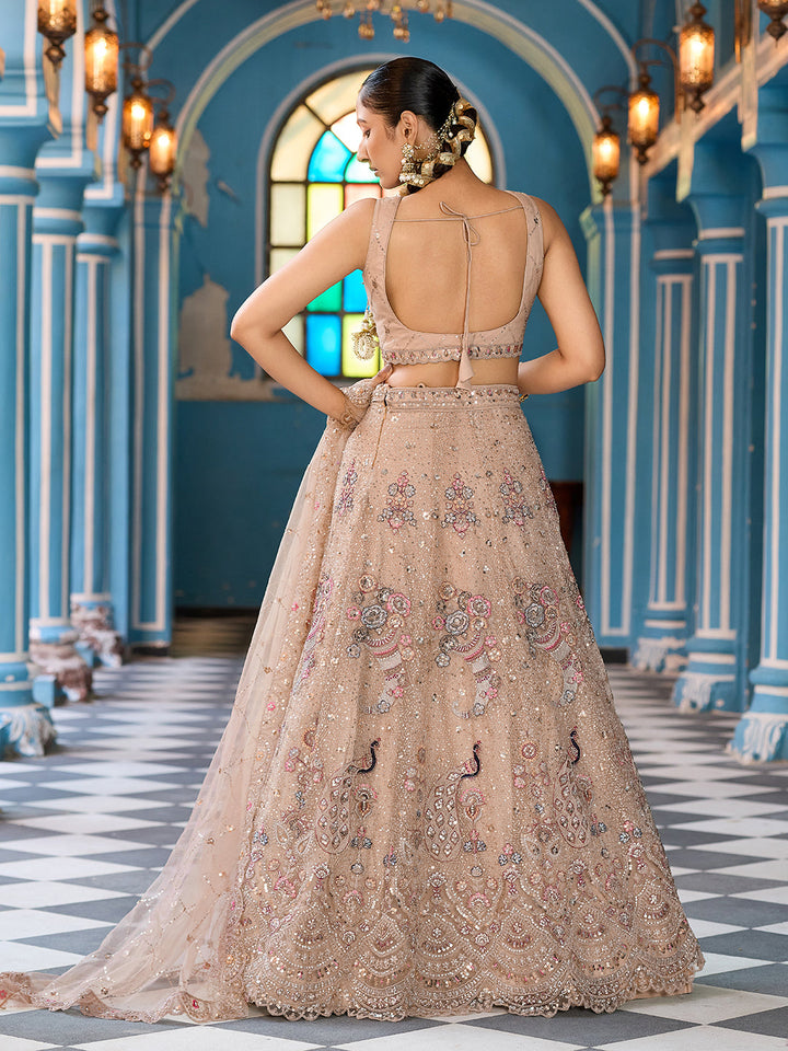 BEIGE - Net Fabric Sequins embroidery Semi-Stitched Lehenga & Unstitched Blouse With Dupatta