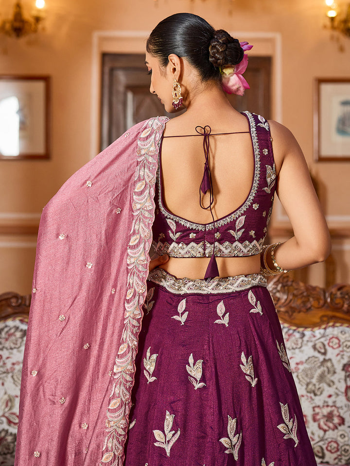 BURGUNDY - Silk Fabric Sequins embroidery Semi-Stitched Lehenga & Unstitched Blouse With Dupatta