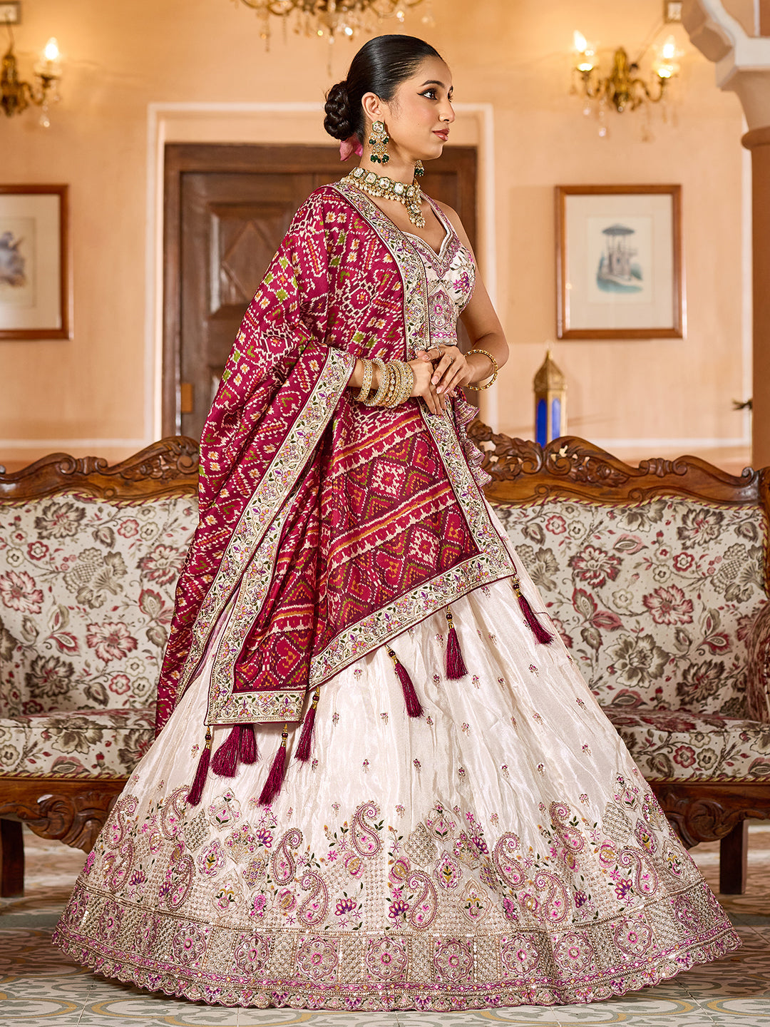 MAROON - Tissue Fabric Sequins embroidery Semi-Stitched Lehenga & Unstitched Blouse With Burgundy Color Dupatta