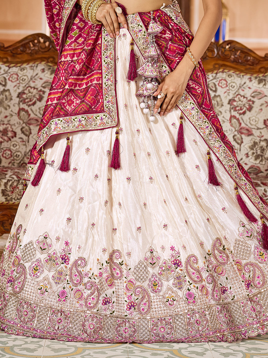 MAROON - Tissue Fabric Sequins embroidery Semi-Stitched Lehenga & Unstitched Blouse With Burgundy Color Dupatta