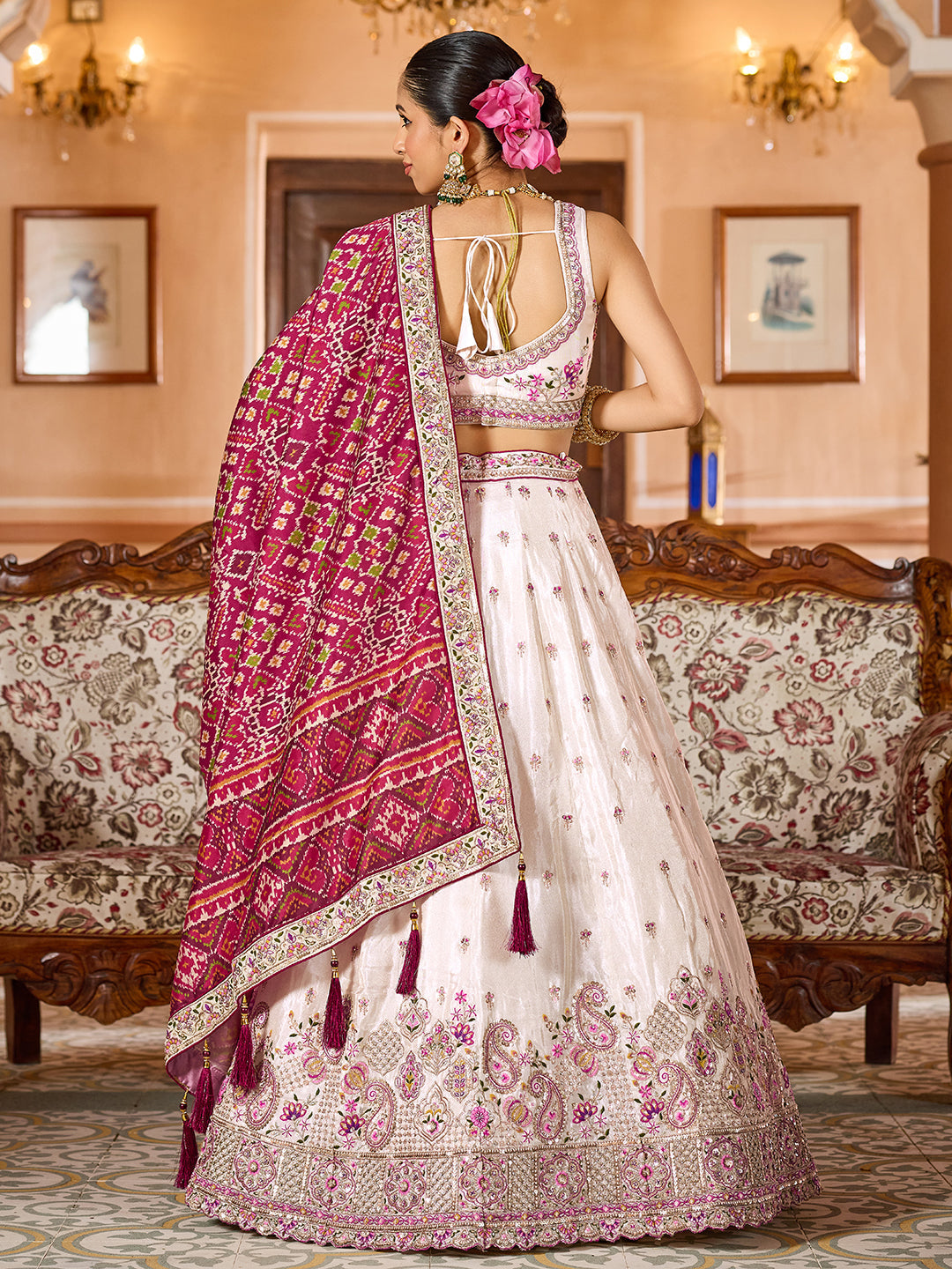 MAROON - Tissue Fabric Sequins embroidery Semi-Stitched Lehenga & Unstitched Blouse With Burgundy Color Dupatta