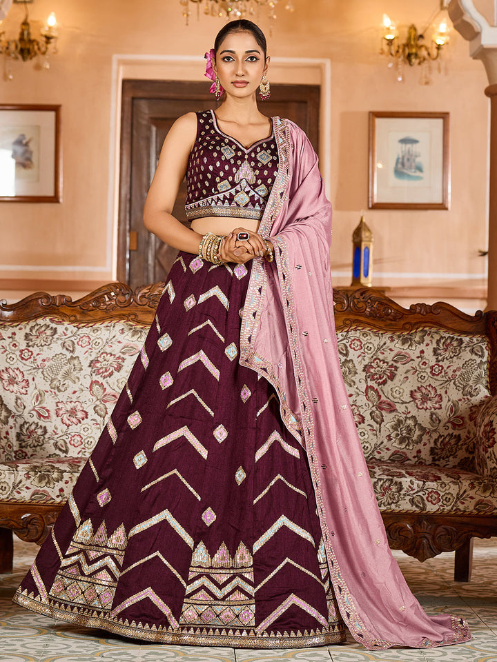 BROWN - Silk Fabric Sequins embroidery Semi-Stitched Lehenga & Unstitched Blouse With Dupatta