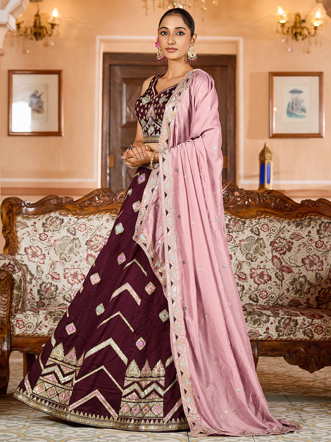 BROWN - Silk Fabric Sequins embroidery Semi-Stitched Lehenga & Unstitched Blouse With Dupatta