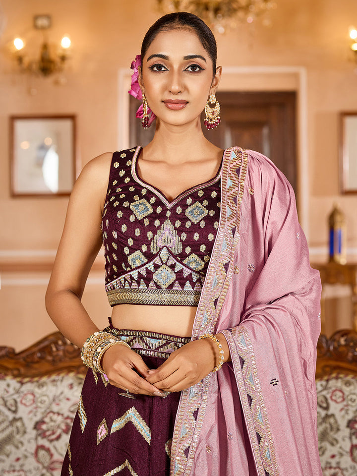 BROWN - Silk Fabric Sequins embroidery Semi-Stitched Lehenga & Unstitched Blouse With Dupatta