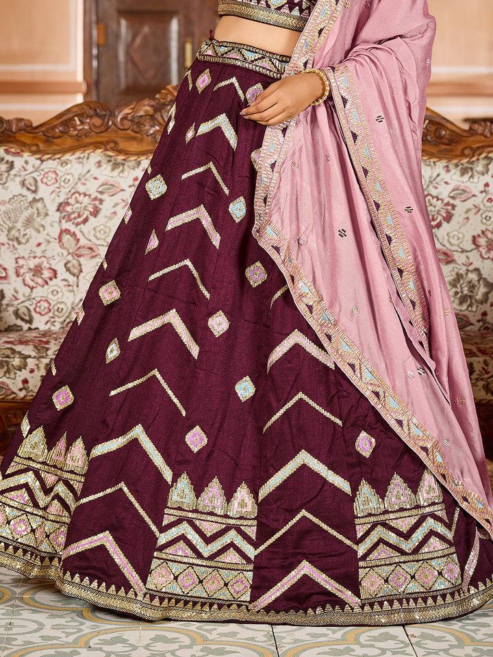 BROWN - Silk Fabric Sequins embroidery Semi-Stitched Lehenga & Unstitched Blouse With Dupatta