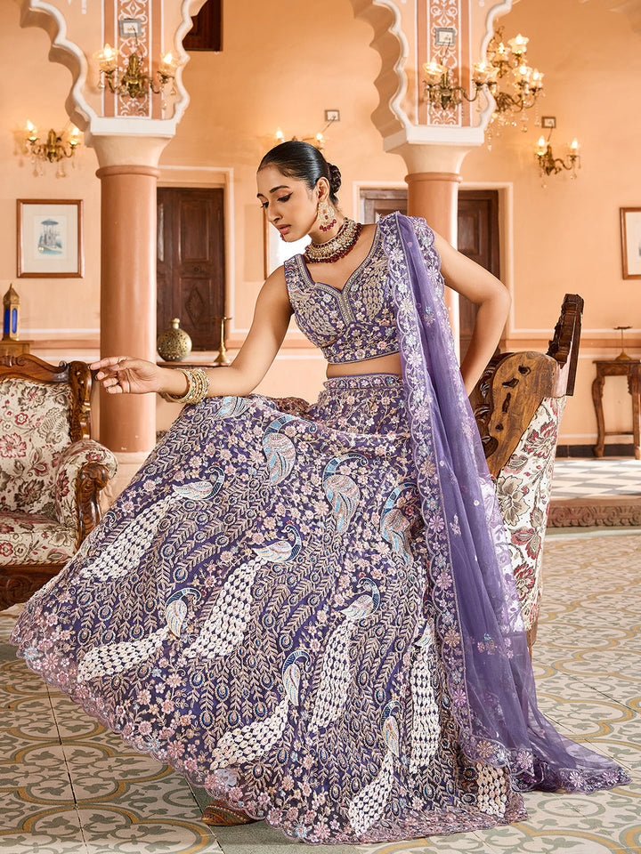 PURPLE - Net Fabric Sequins embroidery Semi-Stitched Lehenga & Unstitched Blouse With Dupatta