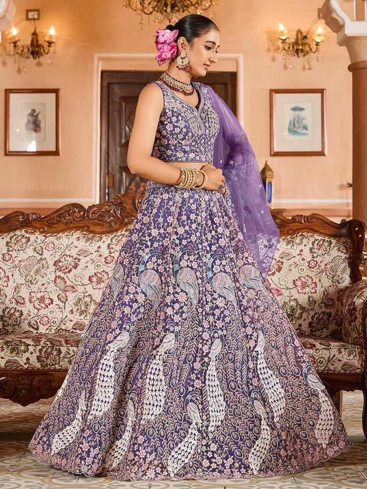 PURPLE - Net Fabric Sequins embroidery Semi-Stitched Lehenga & Unstitched Blouse With Dupatta