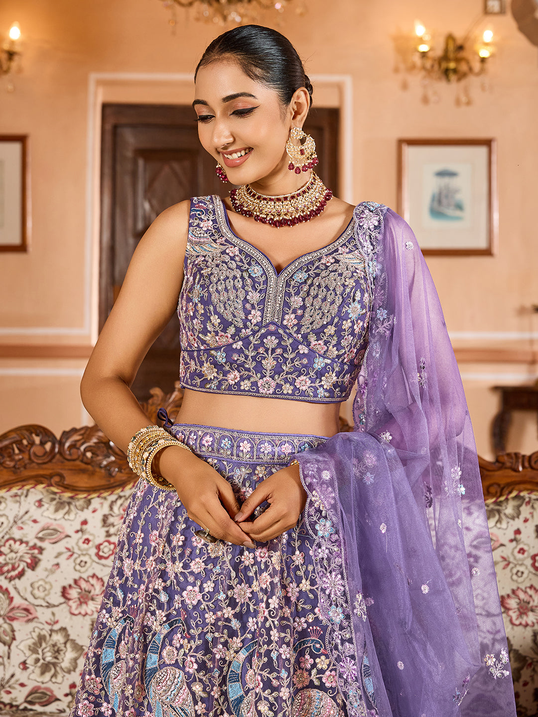 PURPLE - Net Fabric Sequins embroidery Semi-Stitched Lehenga & Unstitched Blouse With Dupatta