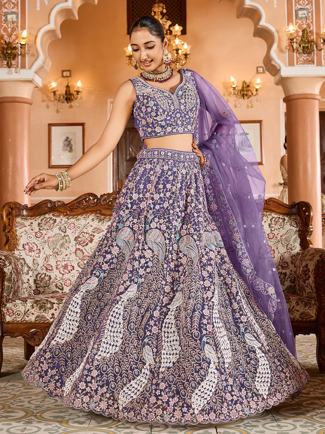 PURPLE - Net Fabric Sequins embroidery Semi-Stitched Lehenga & Unstitched Blouse With Dupatta