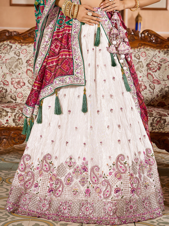 GREEN - Tissue Fabric Sequins embroidery Semi-Stitched Lehenga & Unstitched Blouse With Burgundy Color Dupatta