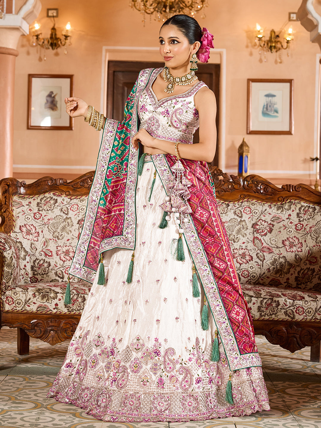 GREEN - Tissue Fabric Sequins embroidery Semi-Stitched Lehenga & Unstitched Blouse With Burgundy Color Dupatta