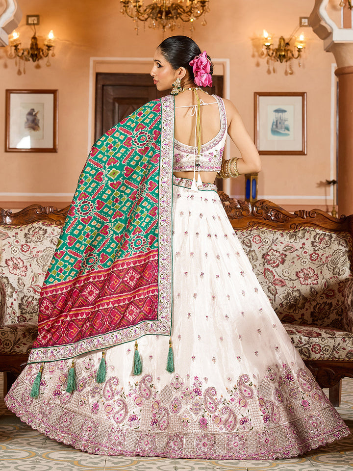 GREEN - Tissue Fabric Sequins embroidery Semi-Stitched Lehenga & Unstitched Blouse With Burgundy Color Dupatta