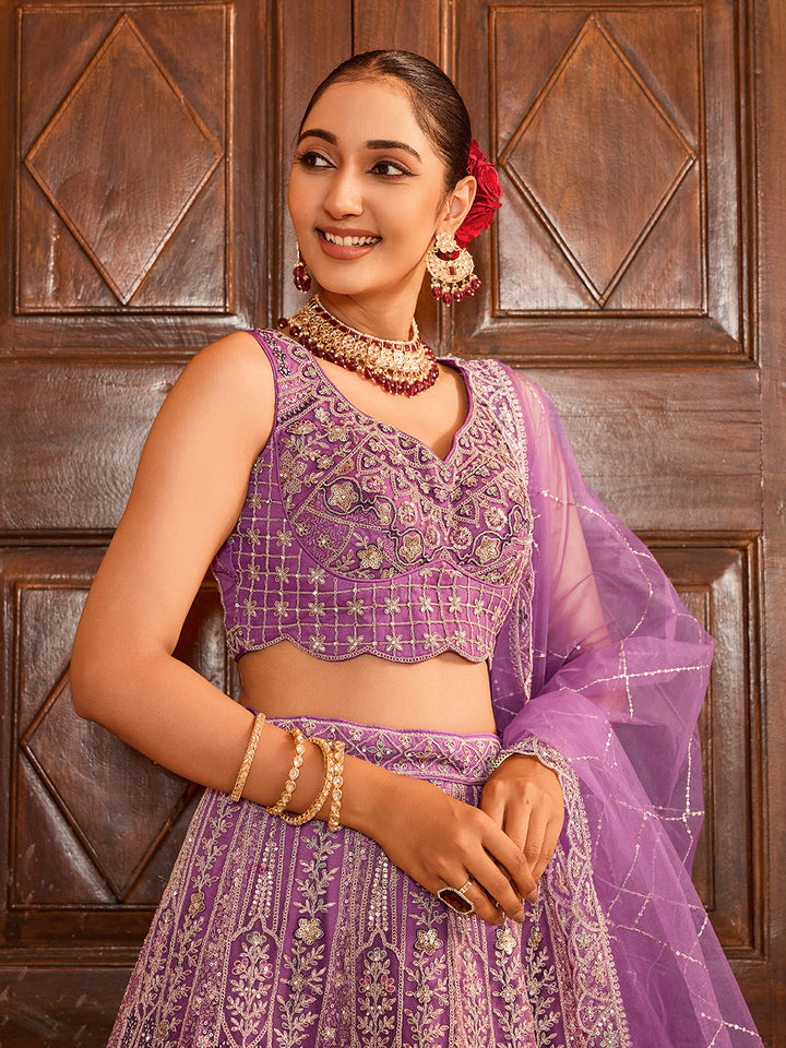 LAVENDER - Net Fabric Sequins embroidery Semi-Stitched Lehenga & Unstitched Blouse With Dupatta