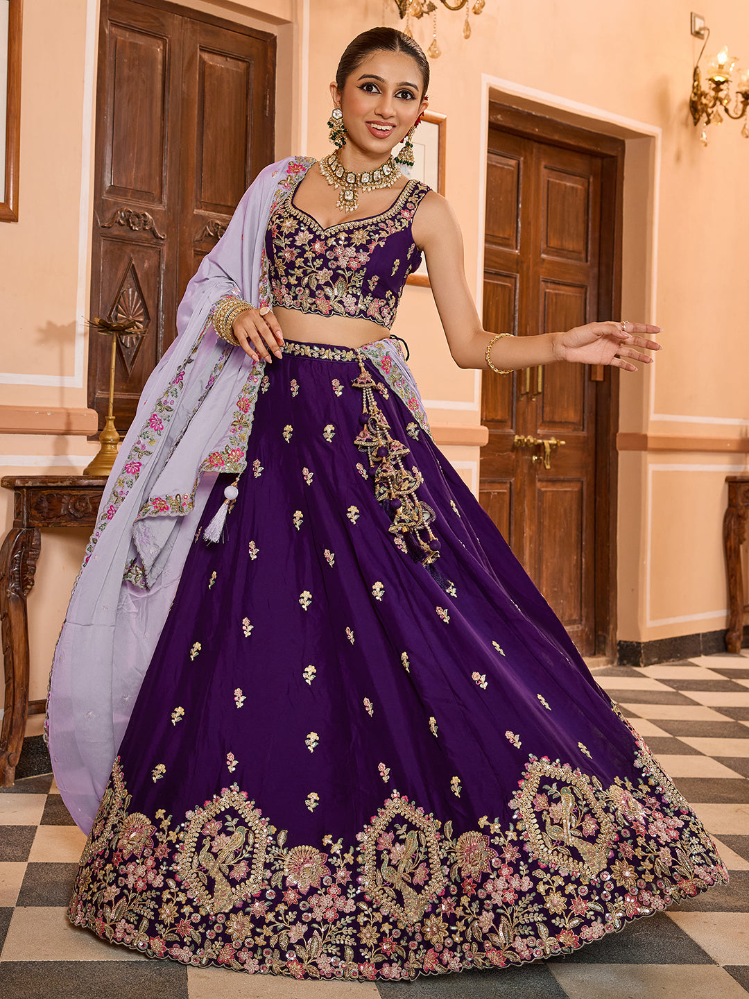PURPLE - Georgette Fabric Sequins embroidery Semi-Stitched Lehenga & Unstitched Blouse With Dupatta