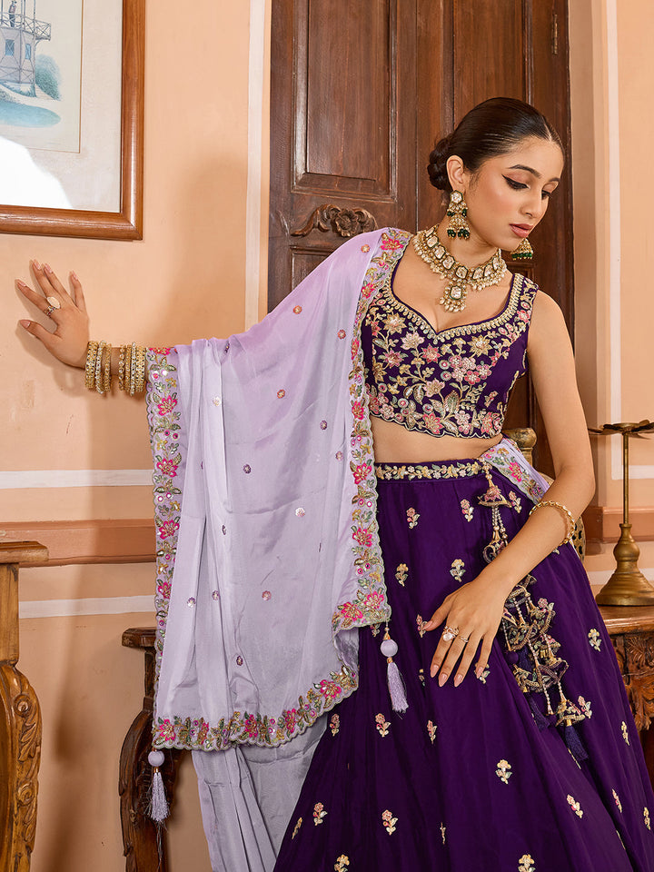 PURPLE - Georgette Fabric Sequins embroidery Semi-Stitched Lehenga & Unstitched Blouse With Dupatta