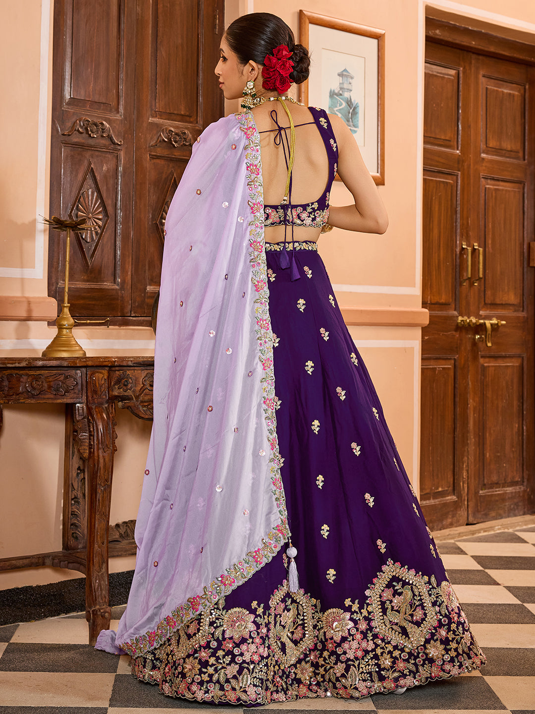 PURPLE - Georgette Fabric Sequins embroidery Semi-Stitched Lehenga & Unstitched Blouse With Dupatta