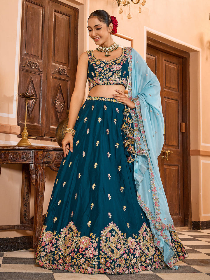 TEAL - Georgette Fabric Sequins embroidery Semi-Stitched Lehenga & Unstitched Blouse With Dupatta