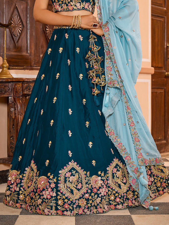 TEAL - Georgette Fabric Sequins embroidery Semi-Stitched Lehenga & Unstitched Blouse With Dupatta