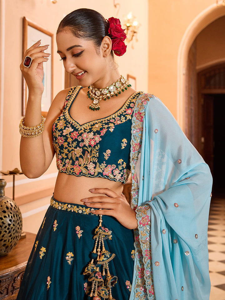 TEAL - Georgette Fabric Sequins embroidery Semi-Stitched Lehenga & Unstitched Blouse With Dupatta