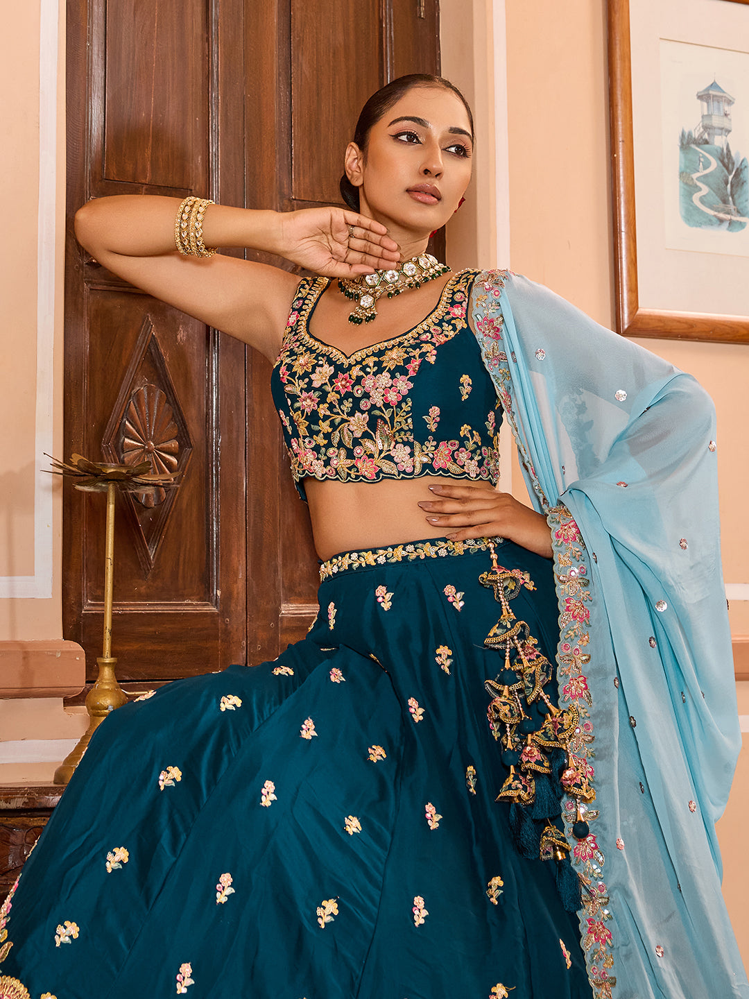 TEAL - Georgette Fabric Sequins embroidery Semi-Stitched Lehenga & Unstitched Blouse With Dupatta