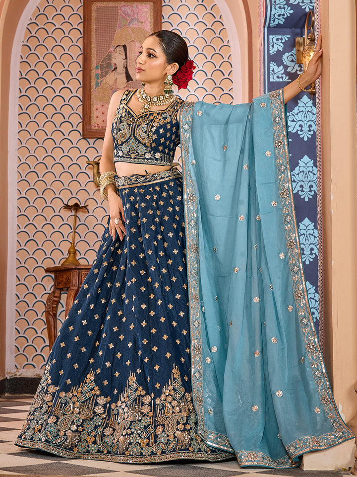 NAVYBLUE - Tissue Silk Fabric Sequins embroidery Semi-Stitched Lehenga & Unstitched Blouse With Dupatta