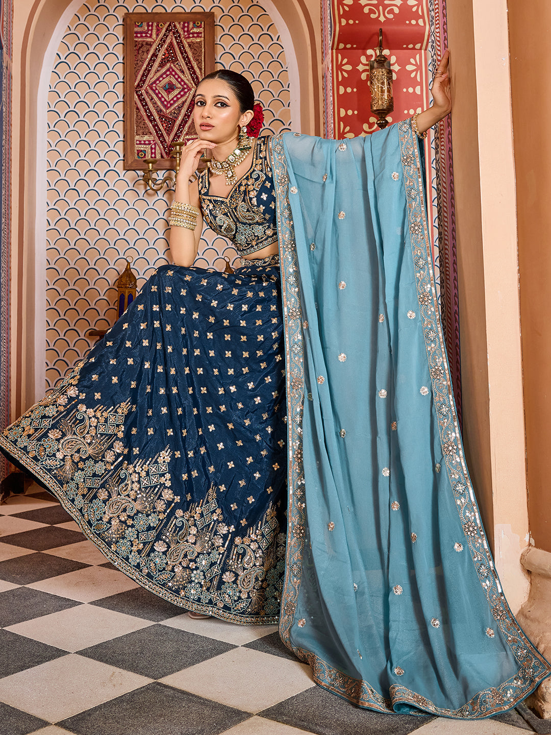 NAVYBLUE - Tissue Silk Fabric Sequins embroidery Semi-Stitched Lehenga & Unstitched Blouse With Dupatta
