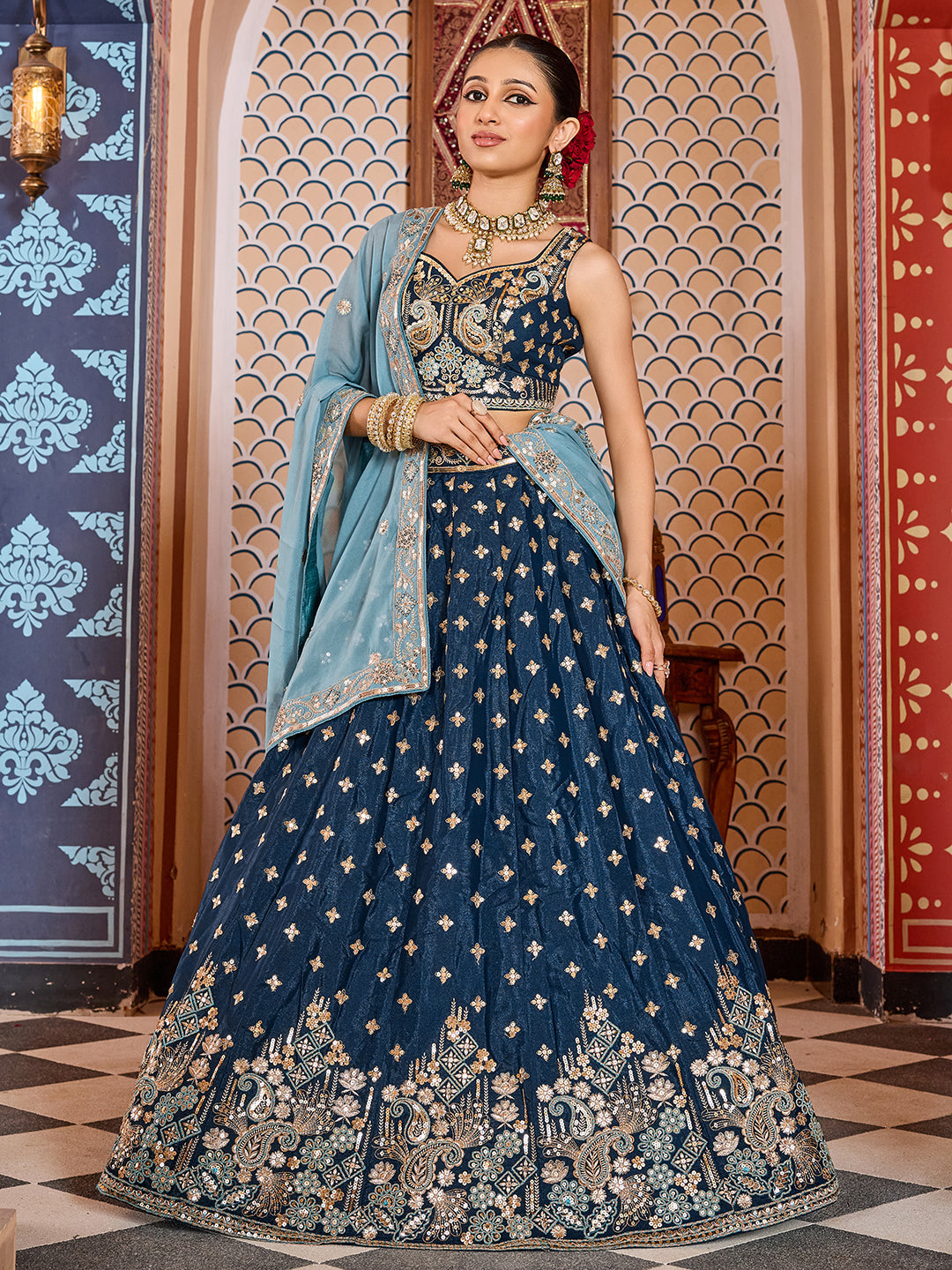 NAVYBLUE - Tissue Silk Fabric Sequins embroidery Semi-Stitched Lehenga & Unstitched Blouse With Dupatta
