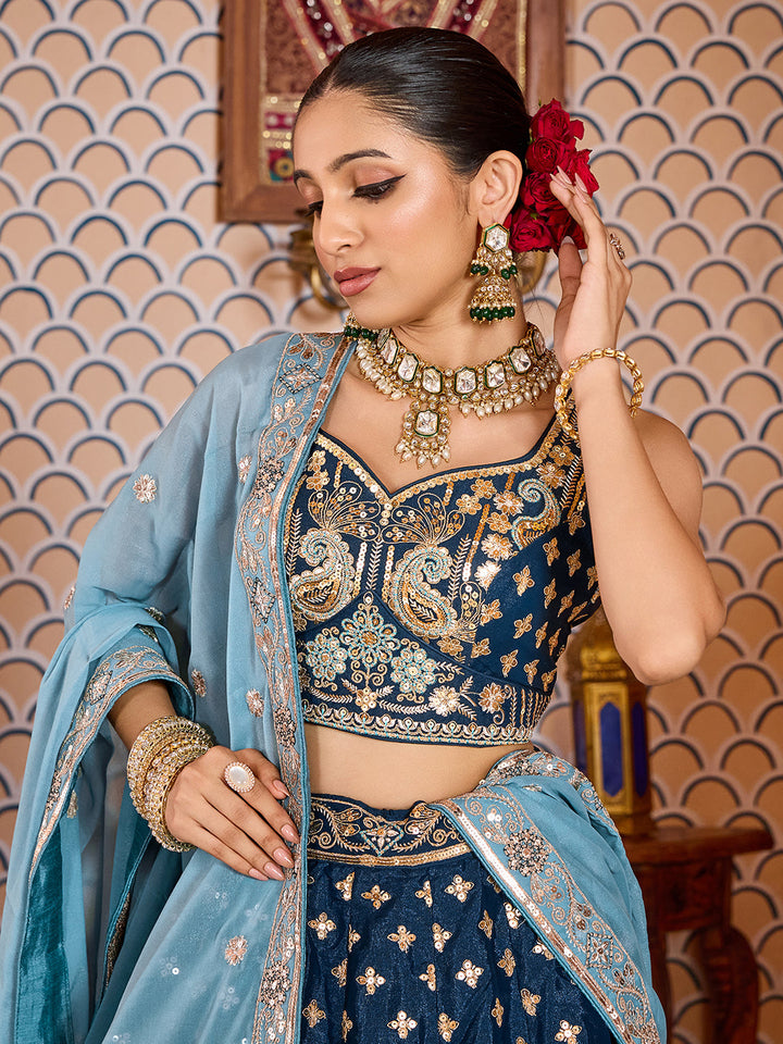 NAVYBLUE - Tissue Silk Fabric Sequins embroidery Semi-Stitched Lehenga & Unstitched Blouse With Dupatta