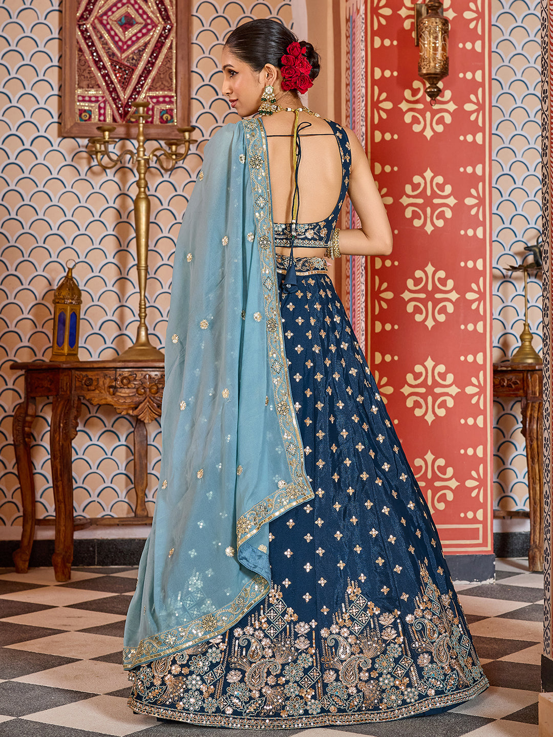 NAVYBLUE - Tissue Silk Fabric Sequins embroidery Semi-Stitched Lehenga & Unstitched Blouse With Dupatta