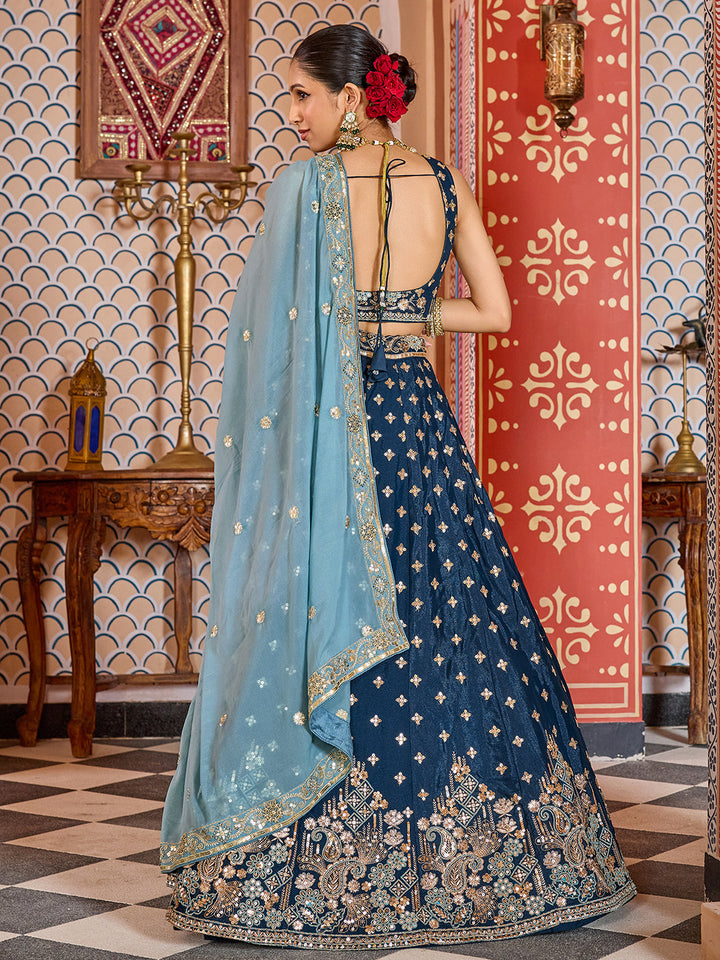NAVYBLUE - Tissue Silk Fabric Sequins embroidery Semi-Stitched Lehenga & Unstitched Blouse With Dupatta