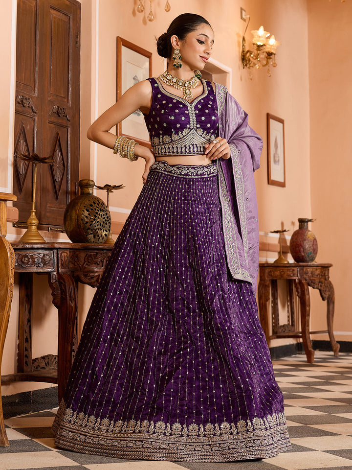 PURPLE - Tissue Silk Fabric Sequins embroidery Semi-Stitched Lehenga & Unstitched Blouse With Dupatta