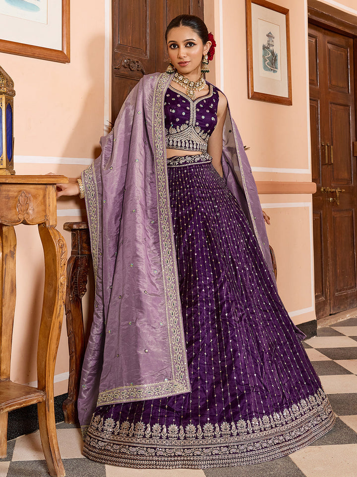 PURPLE - Tissue Silk Fabric Sequins embroidery Semi-Stitched Lehenga & Unstitched Blouse With Dupatta