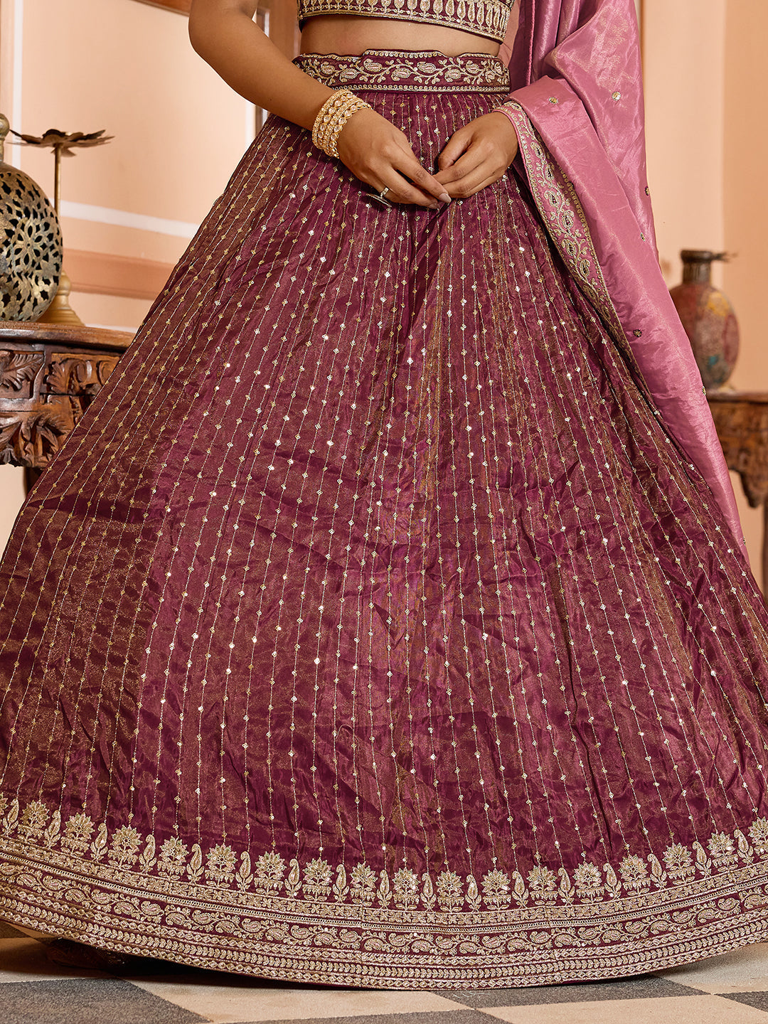 ROSEGOLD - Tissue Silk Fabric Sequins embroidery Semi-Stitched Lehenga & Unstitched Blouse With Dupatta