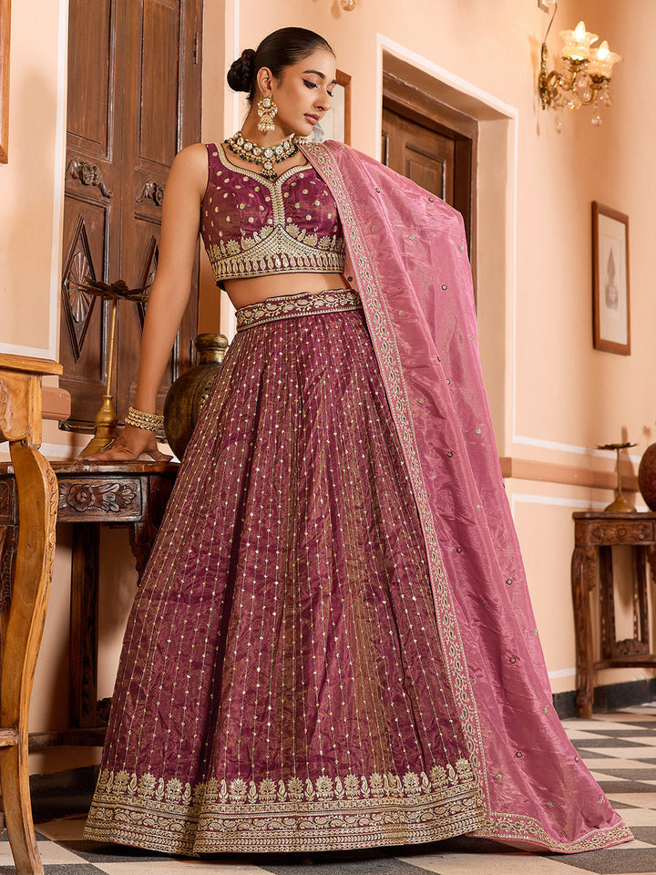 ROSEGOLD - Tissue Silk Fabric Sequins embroidery Semi-Stitched Lehenga & Unstitched Blouse With Dupatta