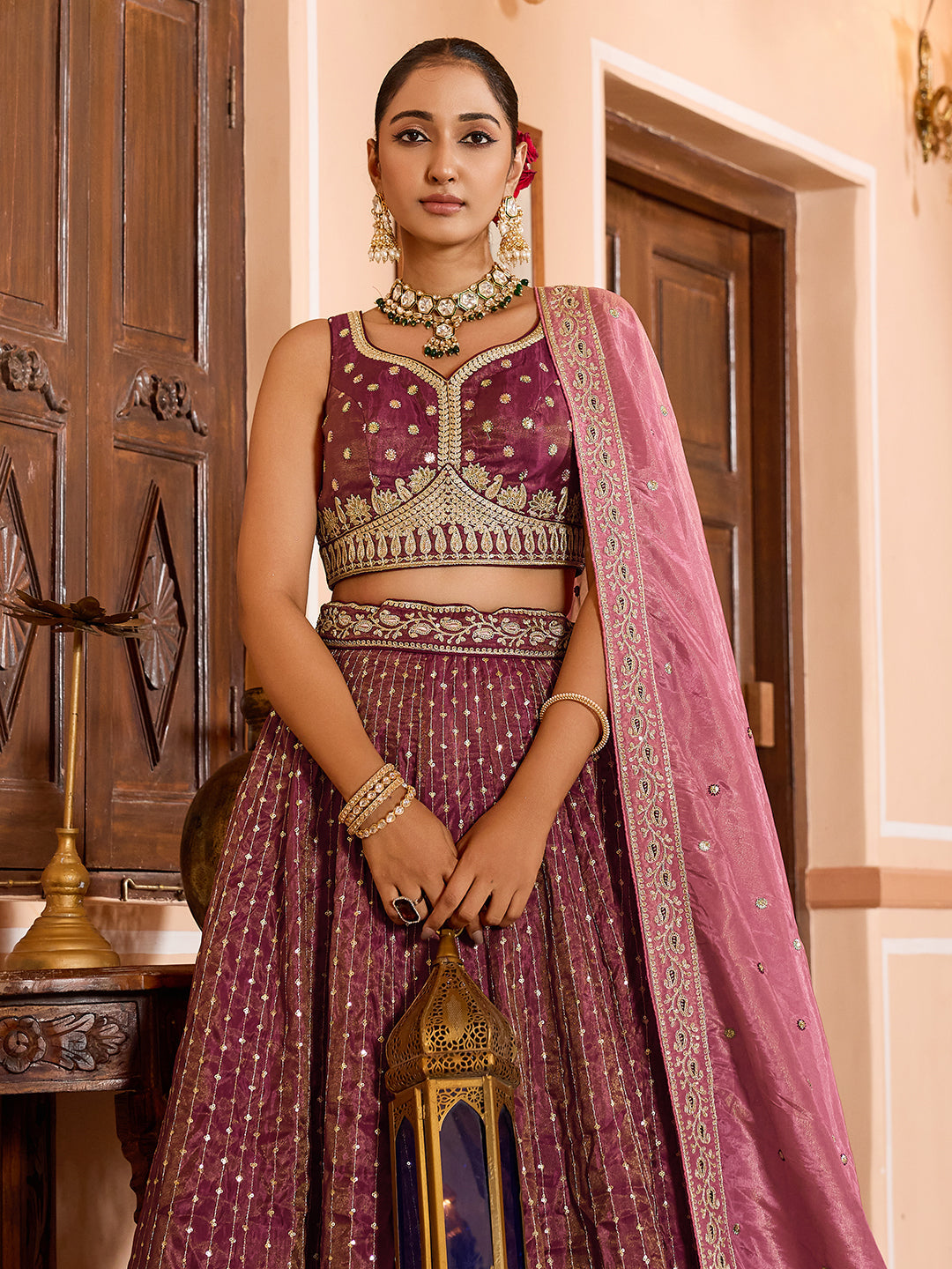 ROSEGOLD - Tissue Silk Fabric Sequins embroidery Semi-Stitched Lehenga & Unstitched Blouse With Dupatta