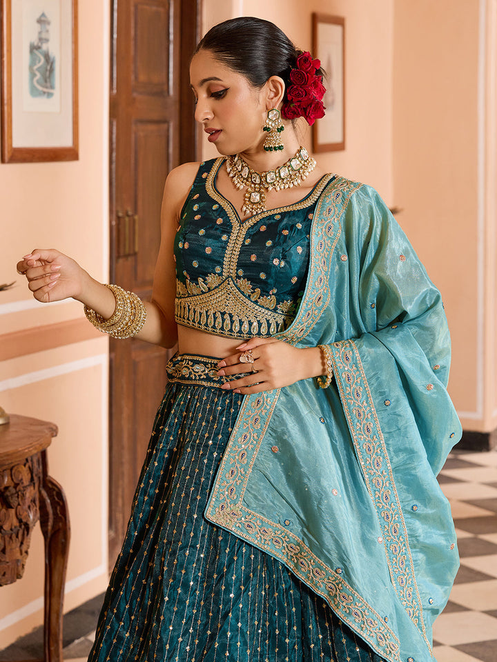 TEAL - Tissue Silk Fabric Sequins embroidery Semi-Stitched Lehenga & Unstitched Blouse With Dupatta