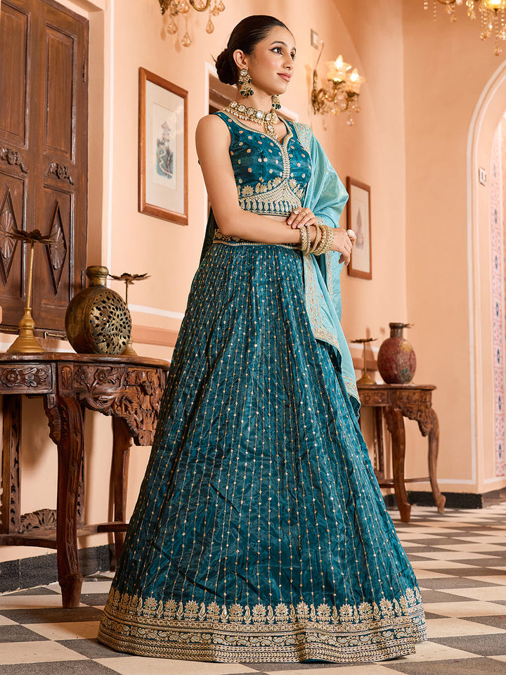 TEAL - Tissue Silk Fabric Sequins embroidery Semi-Stitched Lehenga & Unstitched Blouse With Dupatta