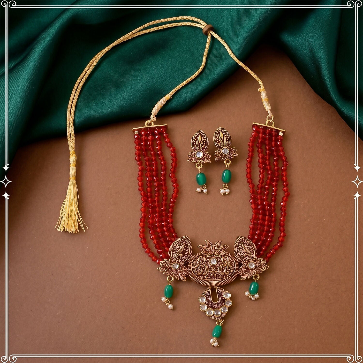 Traditional Maroon Beaded Designer Necklace Set with Earrings Ethnic Adjustable Thread Jewelry Set