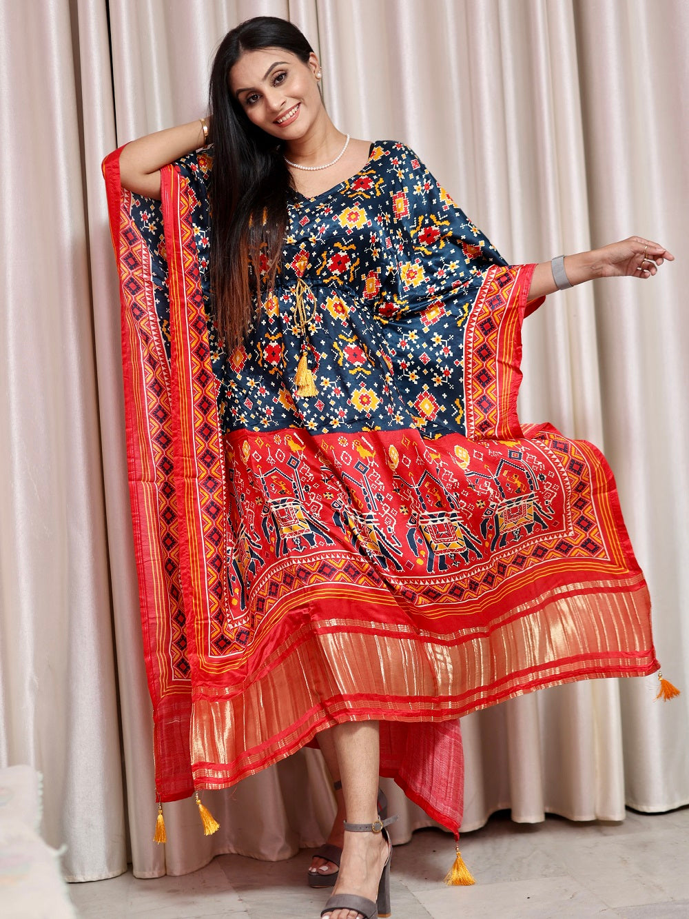 Multi Color Bandhani Printed Pure Gaji Silk Kaftan - qivii