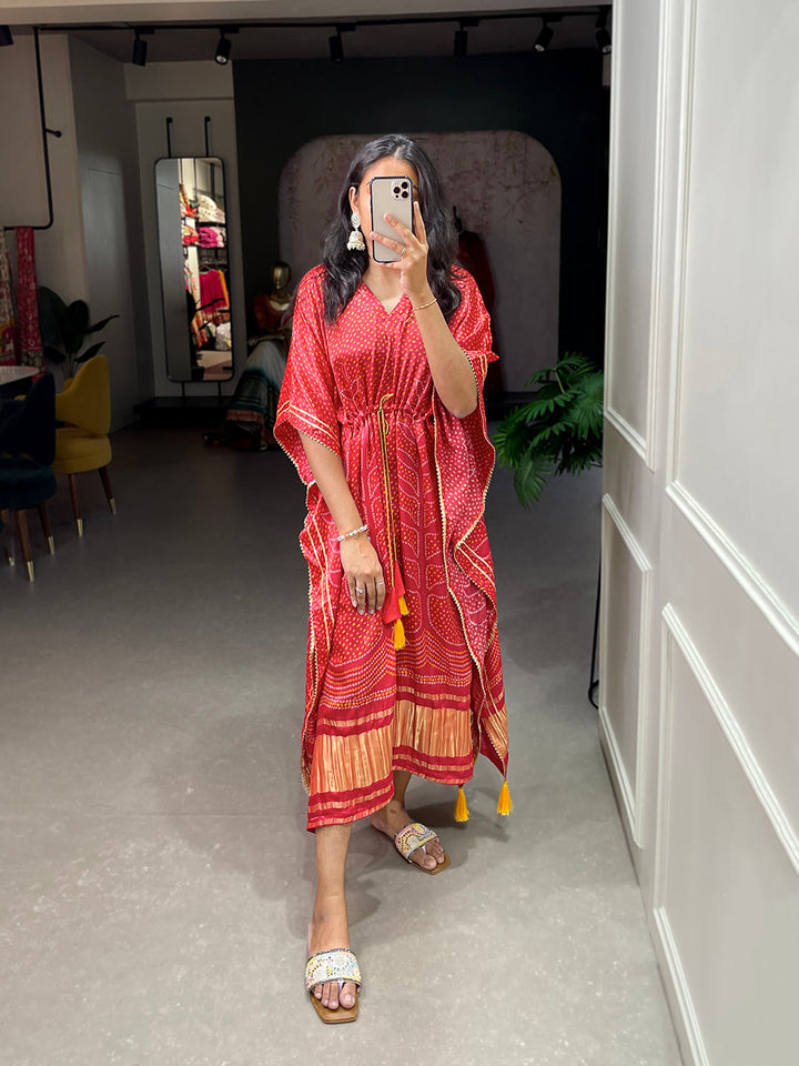 Red Color Digital Bandhej Printed Gaji Silk Kaftan - qivii
