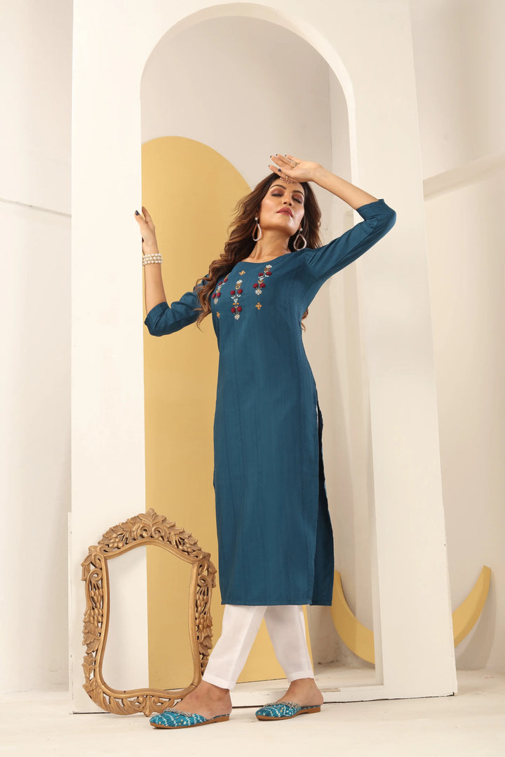 Cyan Blue Straight Kurta Set with Handmade Embroidery - qivii