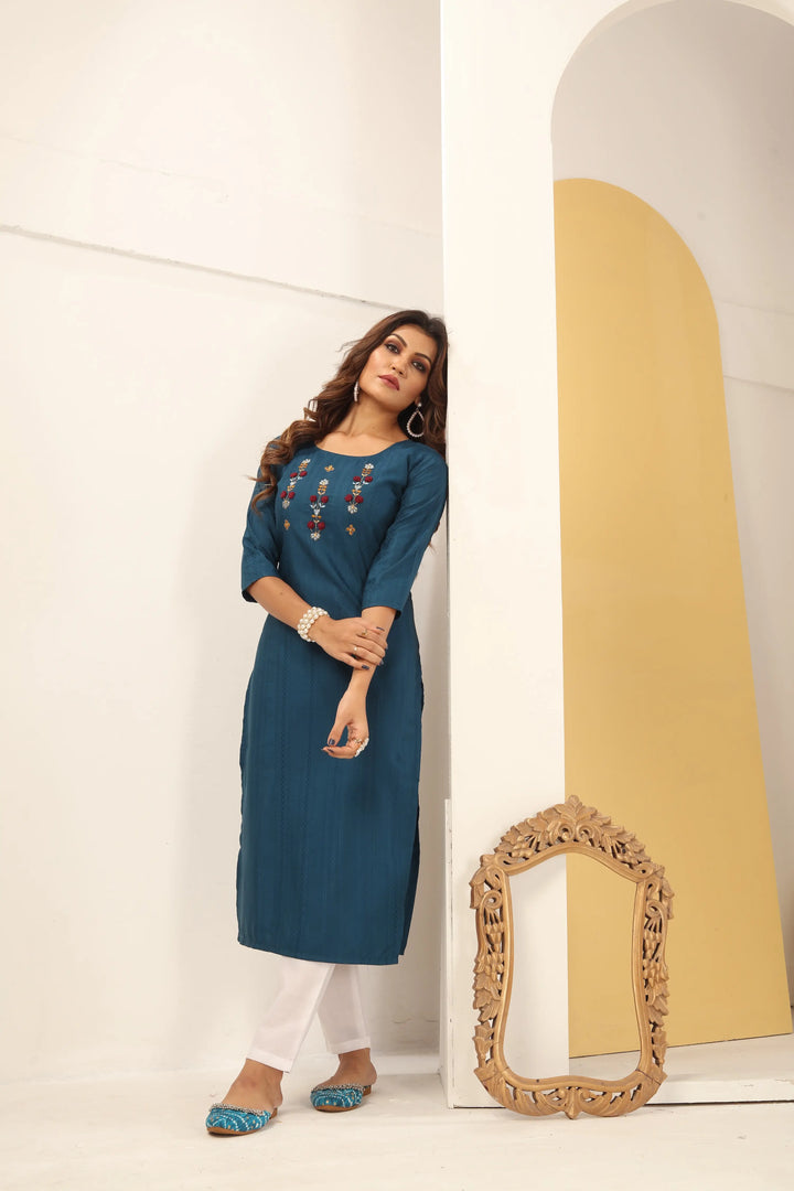 Cyan Blue Straight Kurta Set with Handmade Embroidery - qivii