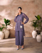 Purplish Grey Pure Organza Hand Work Designer Co-Ord Set