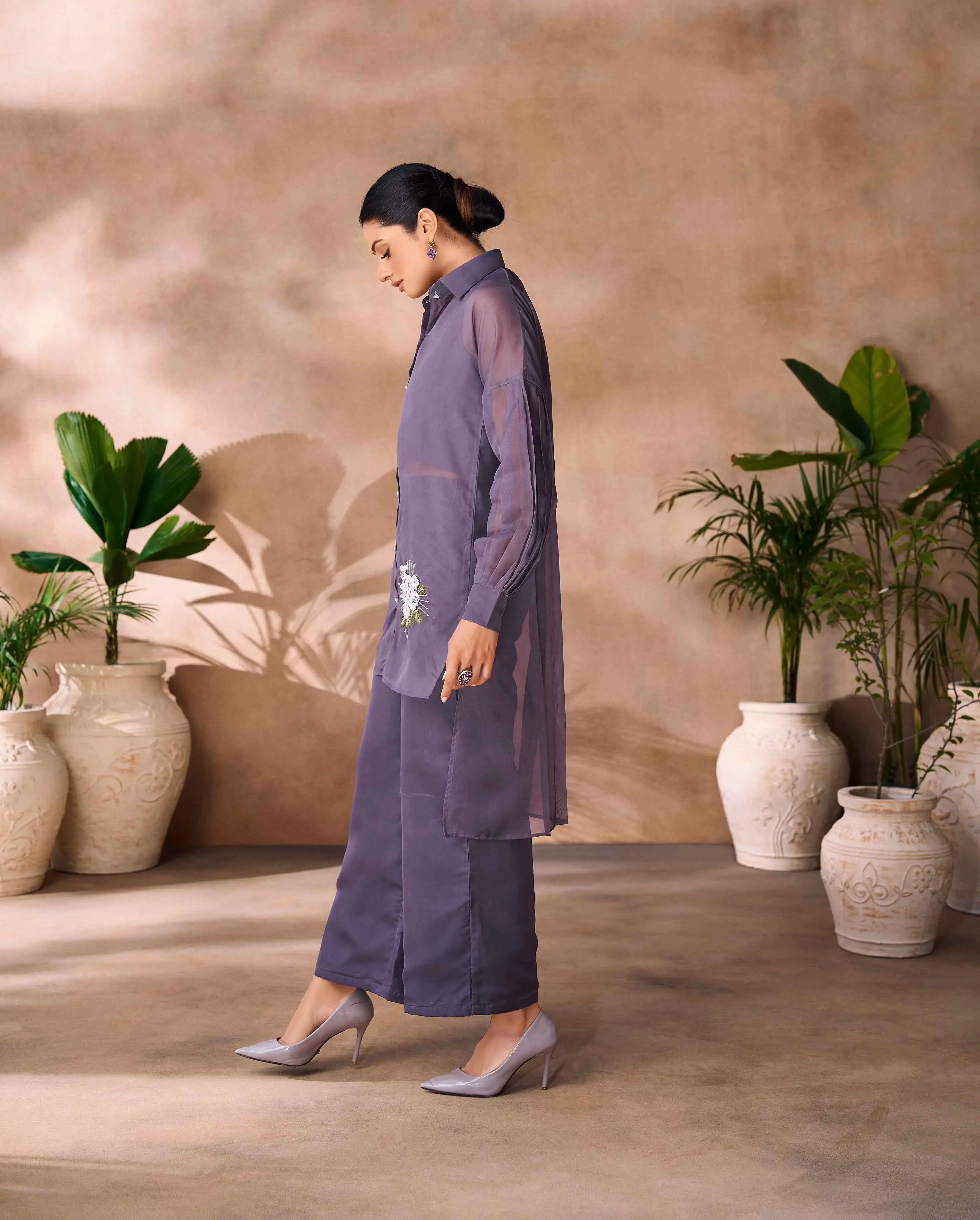 Purplish Grey Pure Organza Hand Work Designer Co-Ord Set