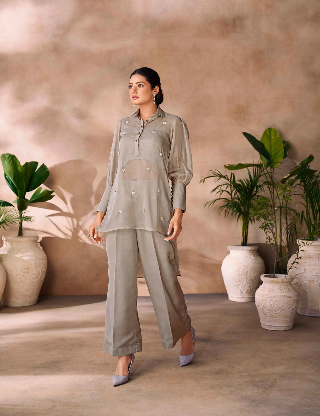 Greyish Beige Pure Organza Hand Work Designer Co-Ord Set