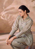 Greyish Beige Pure Organza Hand Work Designer Co-Ord Set