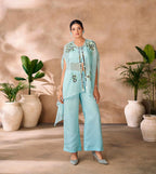 Aqua Blue Pure Organza Hand Work Indo Western Co-Ord Set With Cap