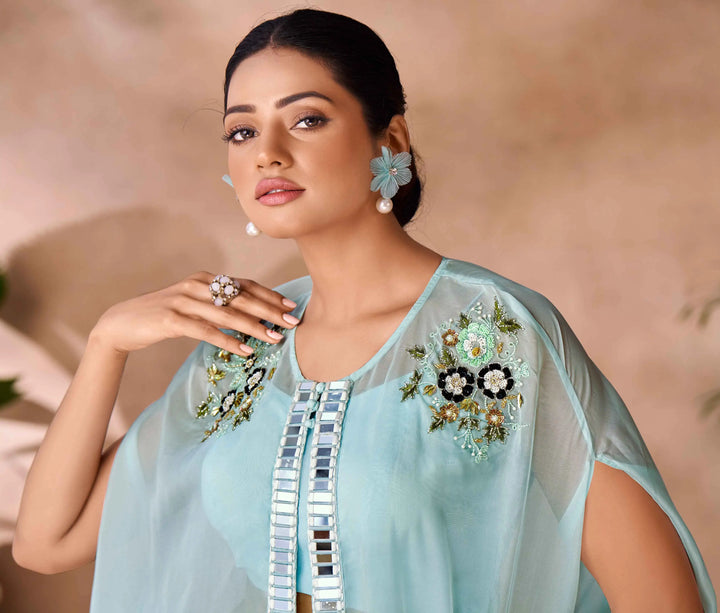 Aqua Blue Pure Organza Hand Work Indo Western Co-Ord Set With Cap - qivii