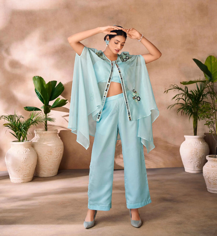 Aqua Blue Pure Organza Hand Work Indo Western Co-Ord Set With Cap - qivii