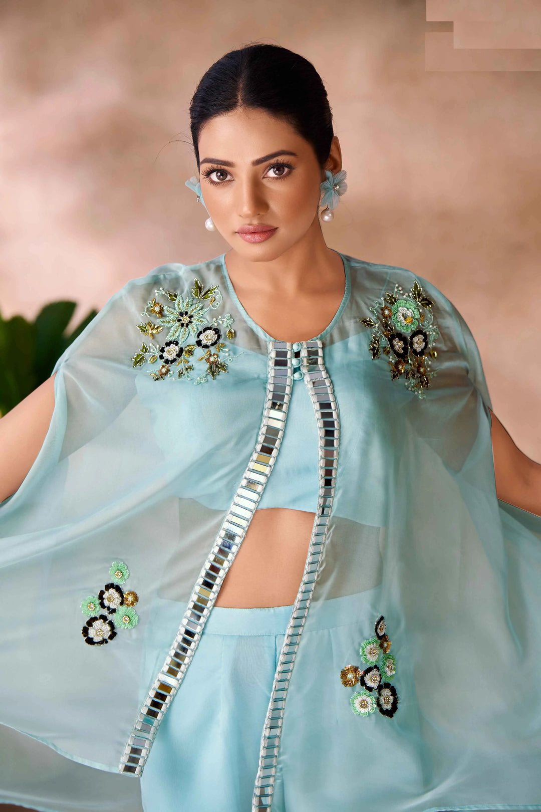 Aqua Blue Pure Organza Hand Work Indo Western Co-Ord Set With Cap - qivii